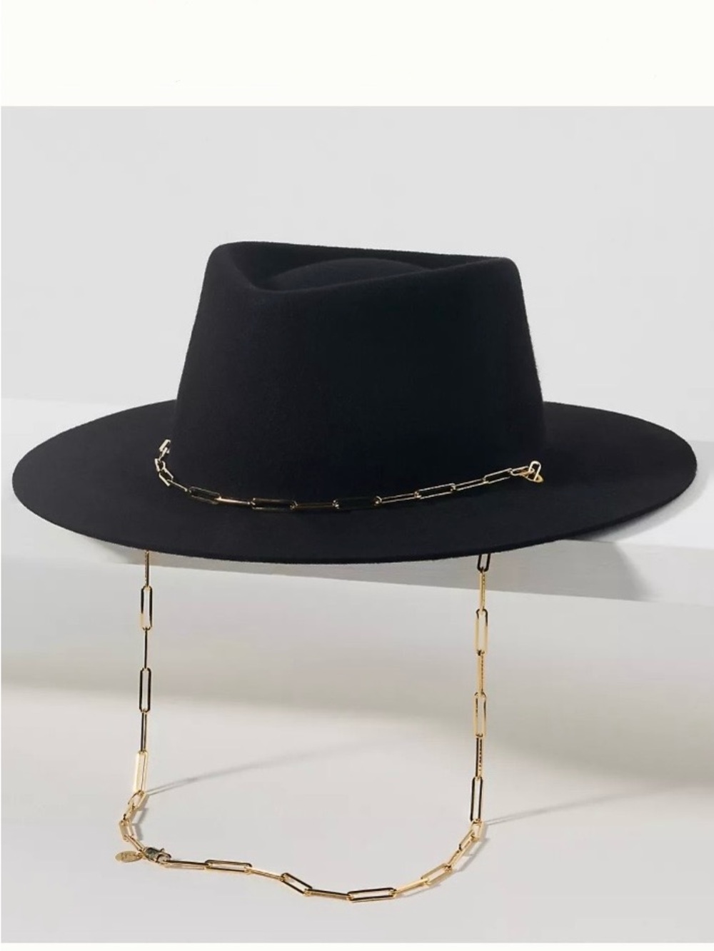 NWT Van Palma Black Wide-Brim Wool Fedora with Gold Chain Accent From France
